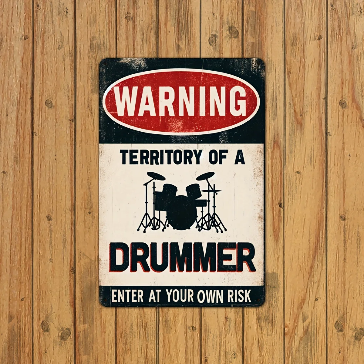 Vintage Drum Set Warning Metal Sign - Retro Drummer Wall Decor with 