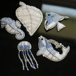 1pc handmade sea animals beaded patches for clothing DIY rhinestone sequins Sew on patch embroidery applique round parche ropa