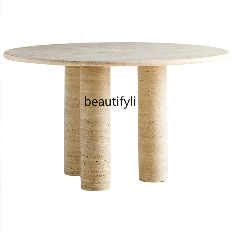 

Natural travertine round dining table designer French small apartment dining room round table53