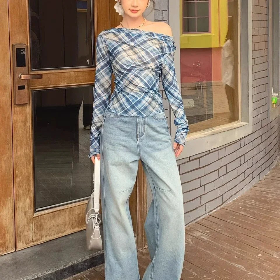 Sommer Neue Plaid Spitze ort Sve Lange Sve oulder Bared frauen Slim Fit T-shirt Cover up Koreanische Sle Pendeln Faion