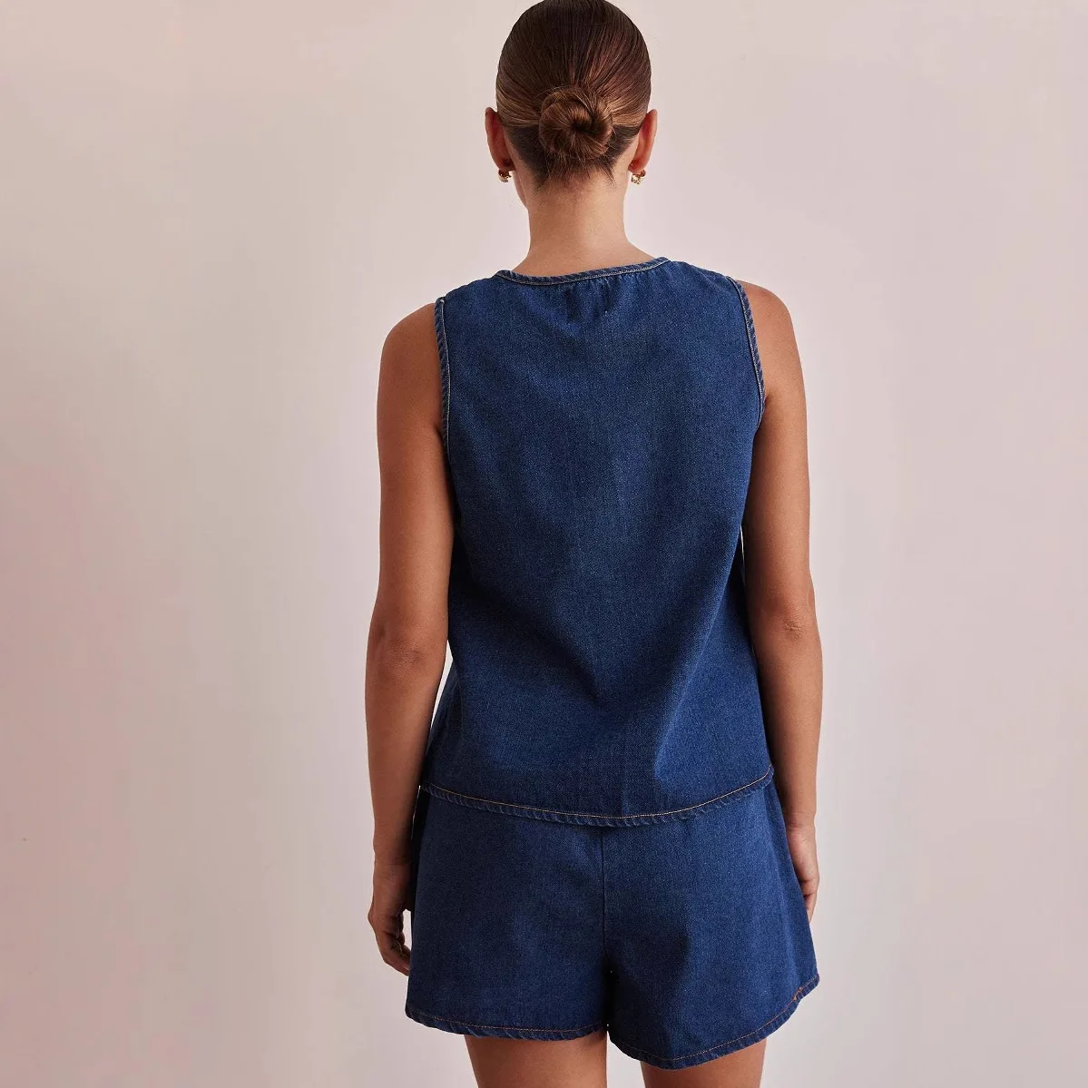 

Faionable Casual Denim Vest Set High Waist Women's Svel ort Jeans Suit Summer Sle High Waist Seven/Eight Length