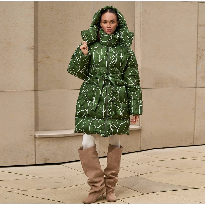 Leopard Print Hooded Puffer Women's Winter Coat Belted Waist Midi Length Padded Jackets for Woman Jacket Warm Streetwear