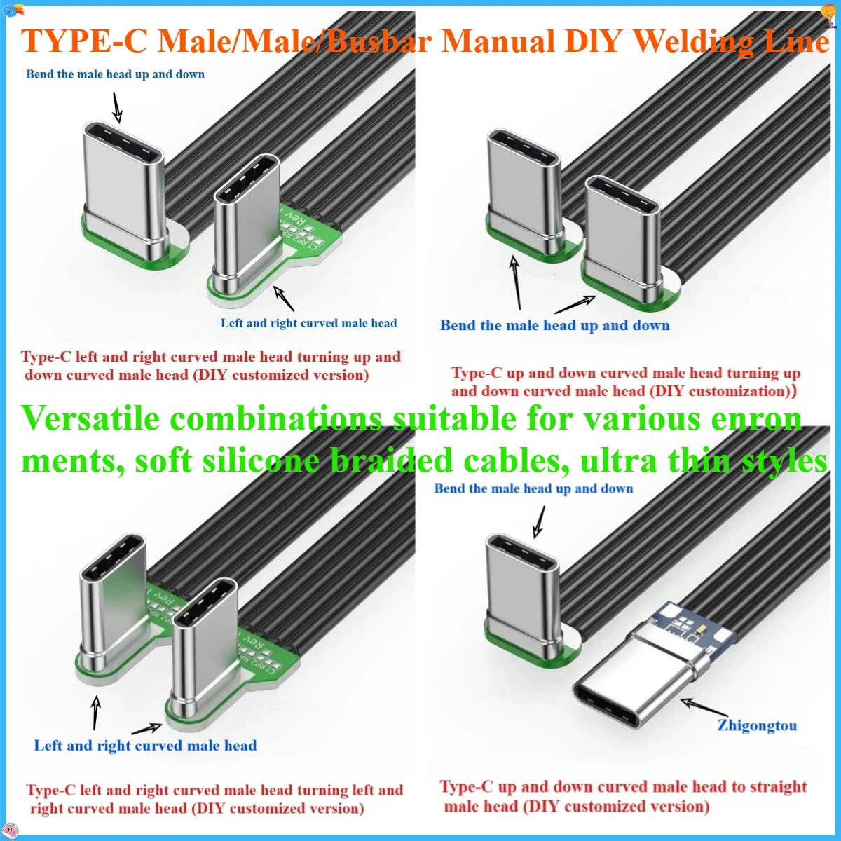 1Pcs Flexible Flat Silicone USB C to USB C Cable Left/Right Angled for Camera Phones 60W Fast 480Mbps Data Transfer Type-c DIY