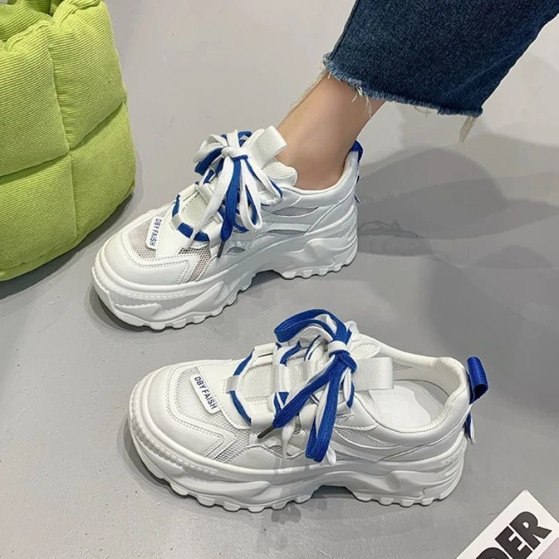 

Versatile Platform Thick Sole Women Dad Shoes Genuine Soft Leather New Arrival Summer Mesh Hollow Out White Sneakers Ins Trendy