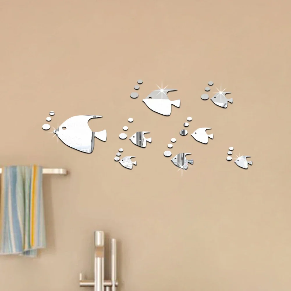 2PCS/Set 3D Fish Wall Stickers Mirror Decal Fish Home Bathroom Decor Removable Wall Sticker Decorative Mirror Fish Shape