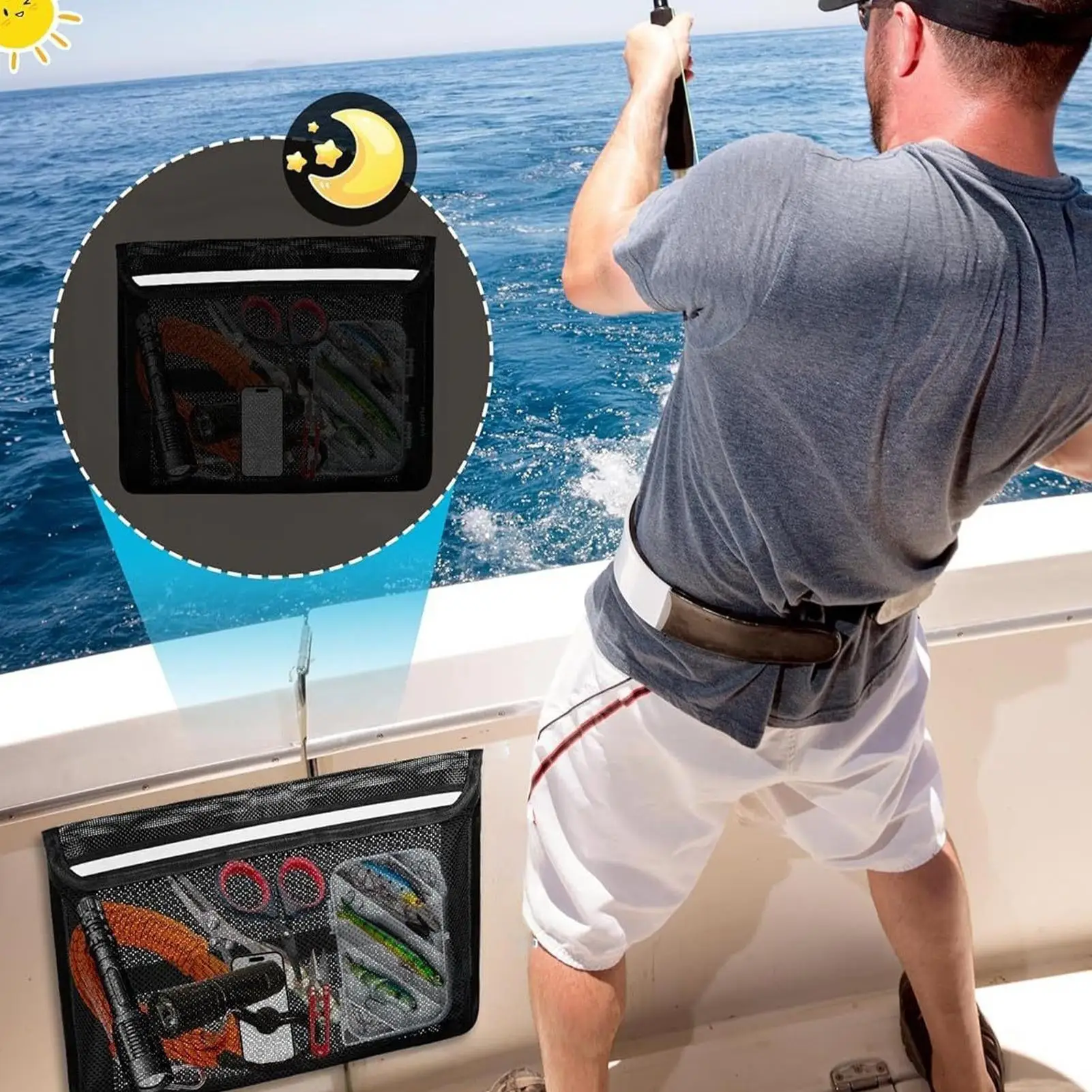 

Сумка для хранения лодки, светоотражающая морская сетчатая сумка для снастей, большая вместительная сетка-органайзер для лодки для рыболовных снастей, инструмент, ключ, фонарик, срок службы