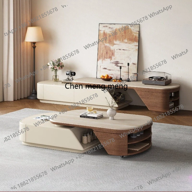 

Rock slab TV cabinet medium and antique small apartment living room light luxury high sense retractable coffee table TV cabinet