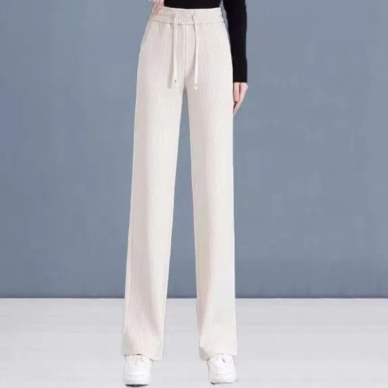 Simplicity Fashion Autumn Winter New Pants Women Solid Pocket Drawstring Elastic High Waist Casual Straight Wide Leg Trousers