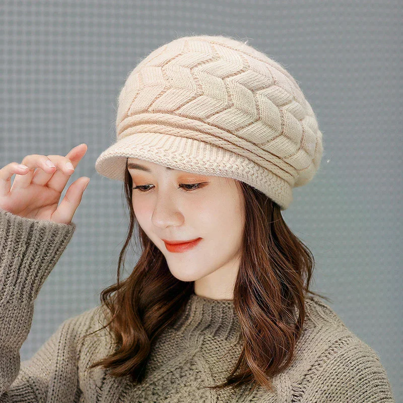 여성용 겨울 단색 따뜻한 니트 루즈 베레모 레저 스키 캡 한국 버전 베레모 플러스 벨벳 두꺼운 니트 귀마개