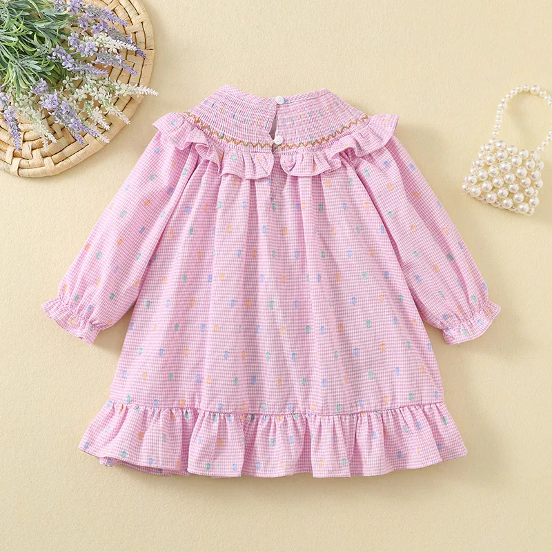 Spring and Autumn Girls Dress Long Sleeve Colorful Dot Pink Plaid Cute Ice Cream Embroidered Princess Dress