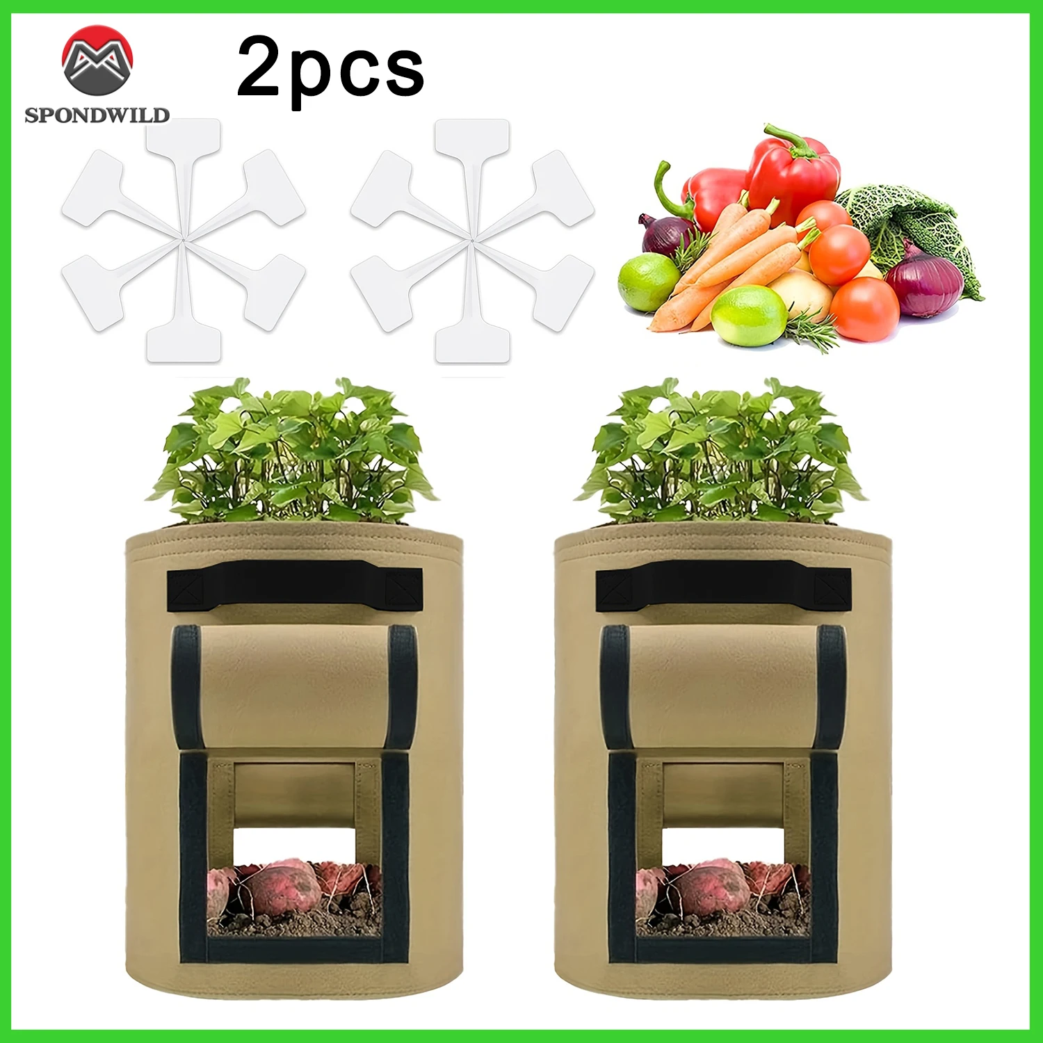 

Brown Dual-Door Potato Grow Bags 2-Pack, 7/10 Gallon with 12 Plant Tags, Easy Harvest Non-Woven Planters