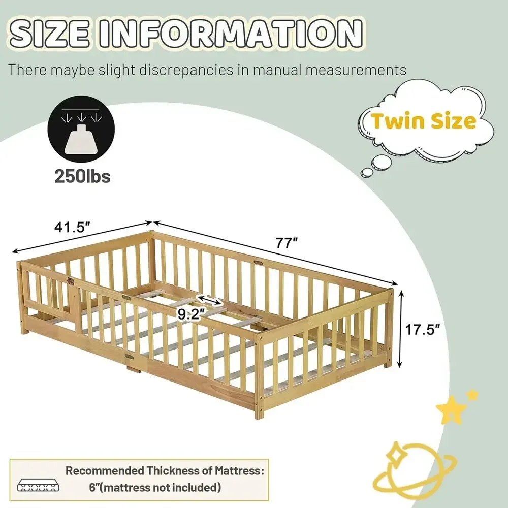 Twin Size Kids Bed with Safety Rails, Convertible Door, No Box Spring Needed, Natural Rubber Wood