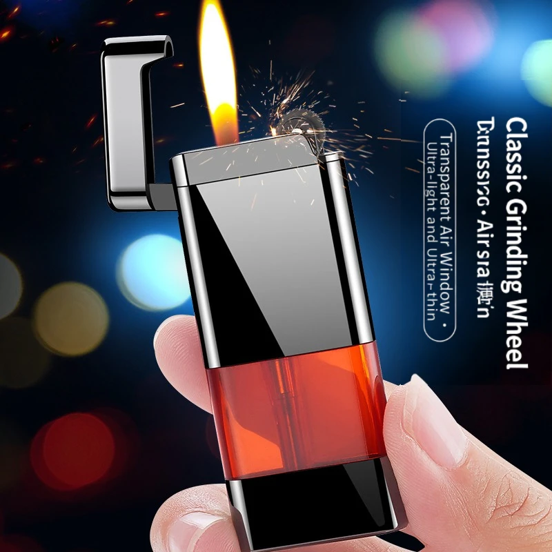 Classic Metal Grinding Wheel Torch Lighter, Visible Gas Tank Windproof Blue Flame Refillable Butane Lighter