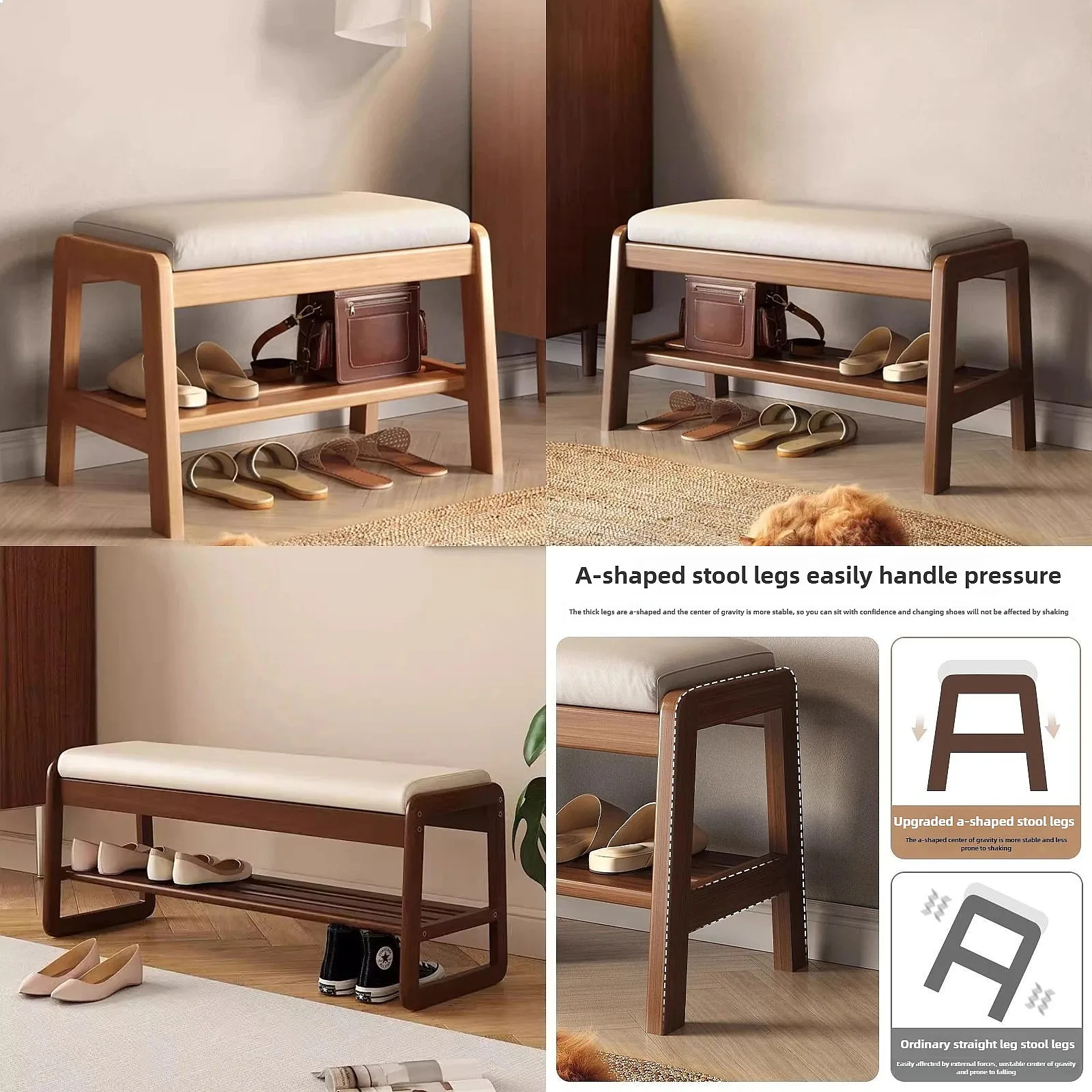 ‌Solid Wood Shoe Bench with Storage, Multi Layer Shoe Rack, Comfortable Cushioned Seat, Space Saving Entryway Organizer