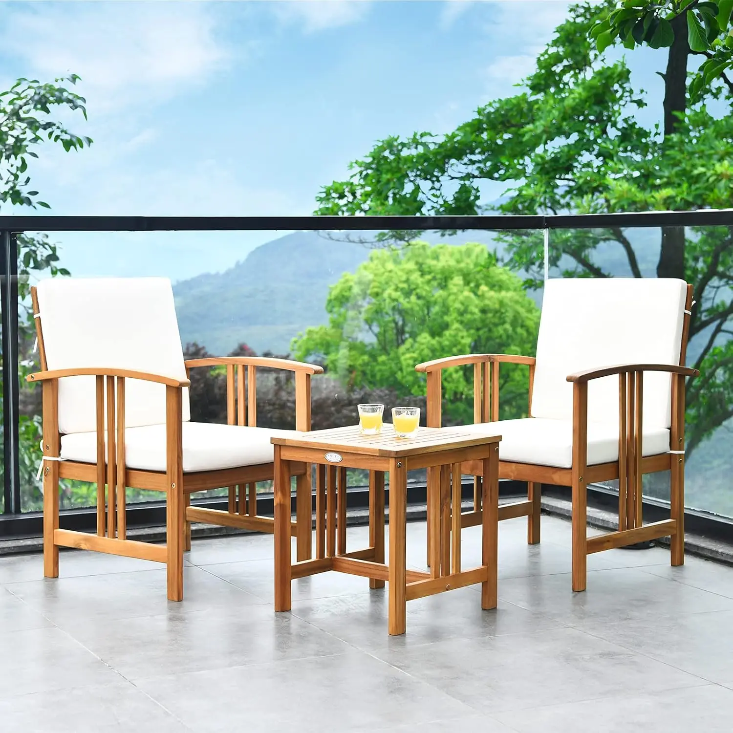 3 Pieces Patio Furniture Set, Includes Set of 2 Outdoor Acacia Wood Cushioned Chairs and Coffee Table, for Garden, Backyard, Poo