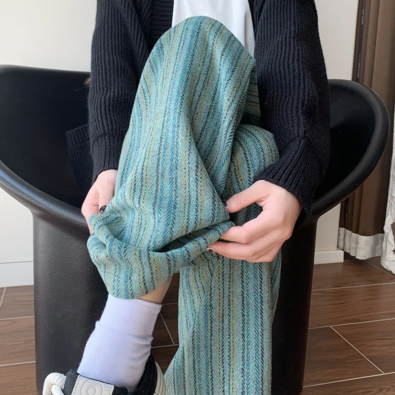 Lazy Melard Vertical Striped Wide-Leg Pants Women Autumn And Winter Fleece-Lined High-Waist Casual Plus Size Draped Pants New