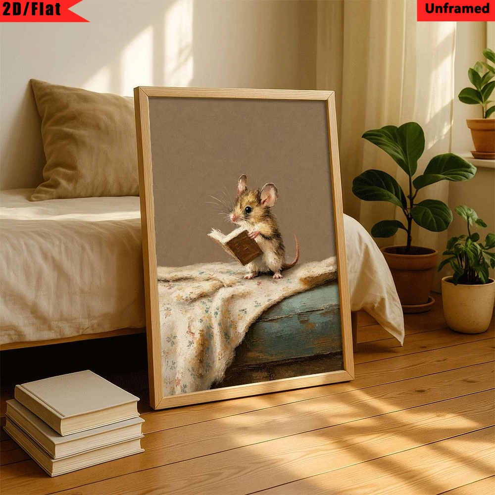 Impression murale vintage d'animaux mignons lisant un livre, tableau sur toile neutre en aquarelle avec lapin mère et bébé / petite souris lisant