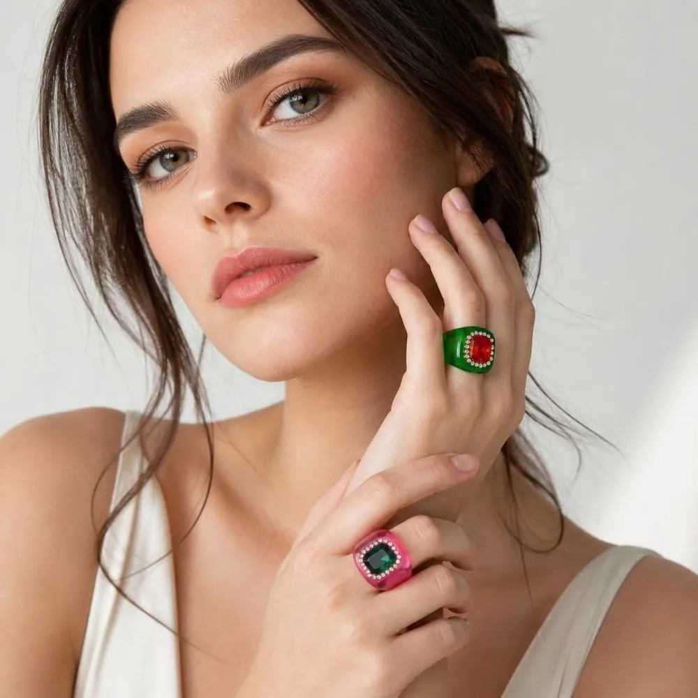 New Resin Rhinestones Ring Colorful Three-dimensional Finger Ring Geometric Elegant Jewelry Square Ring for Women