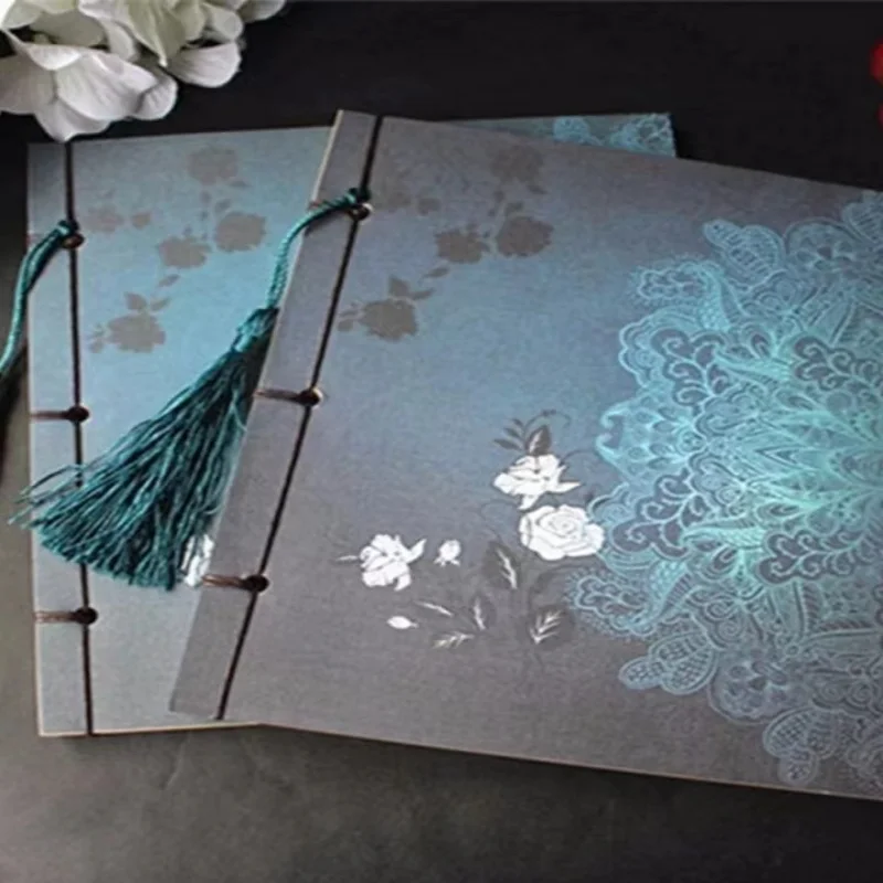 Chinese Style Blue Rose Diary Notebook Tassel Stationery Retro Flower Sketch Book Diary Blank Notebook