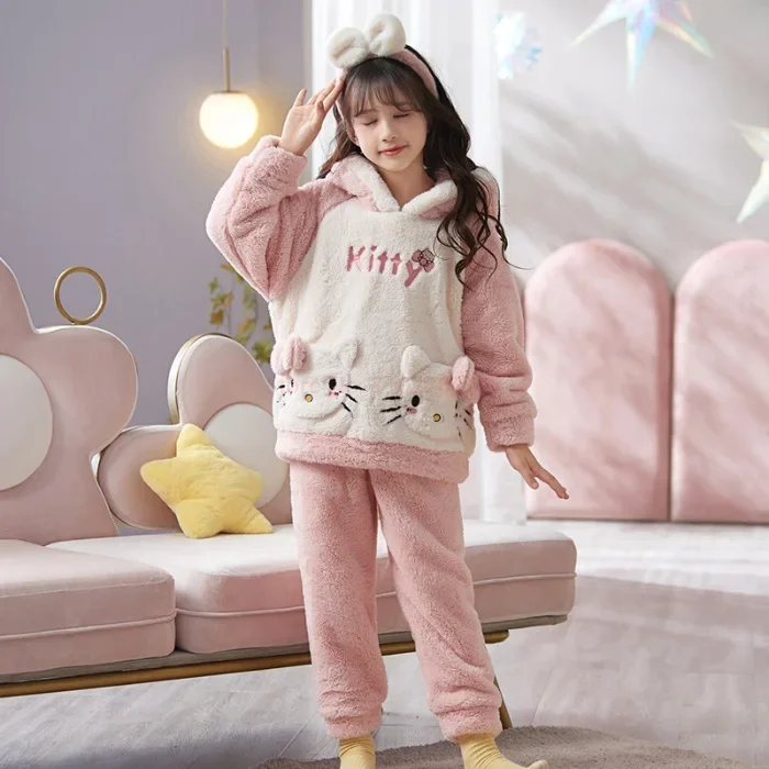 Anime Sanrio Hello Kitty Cinnamoroll Kuromi Children Winter Pajamas Cute My Melody Coral Velvet Warm Thickened Girl Pajamas Gift