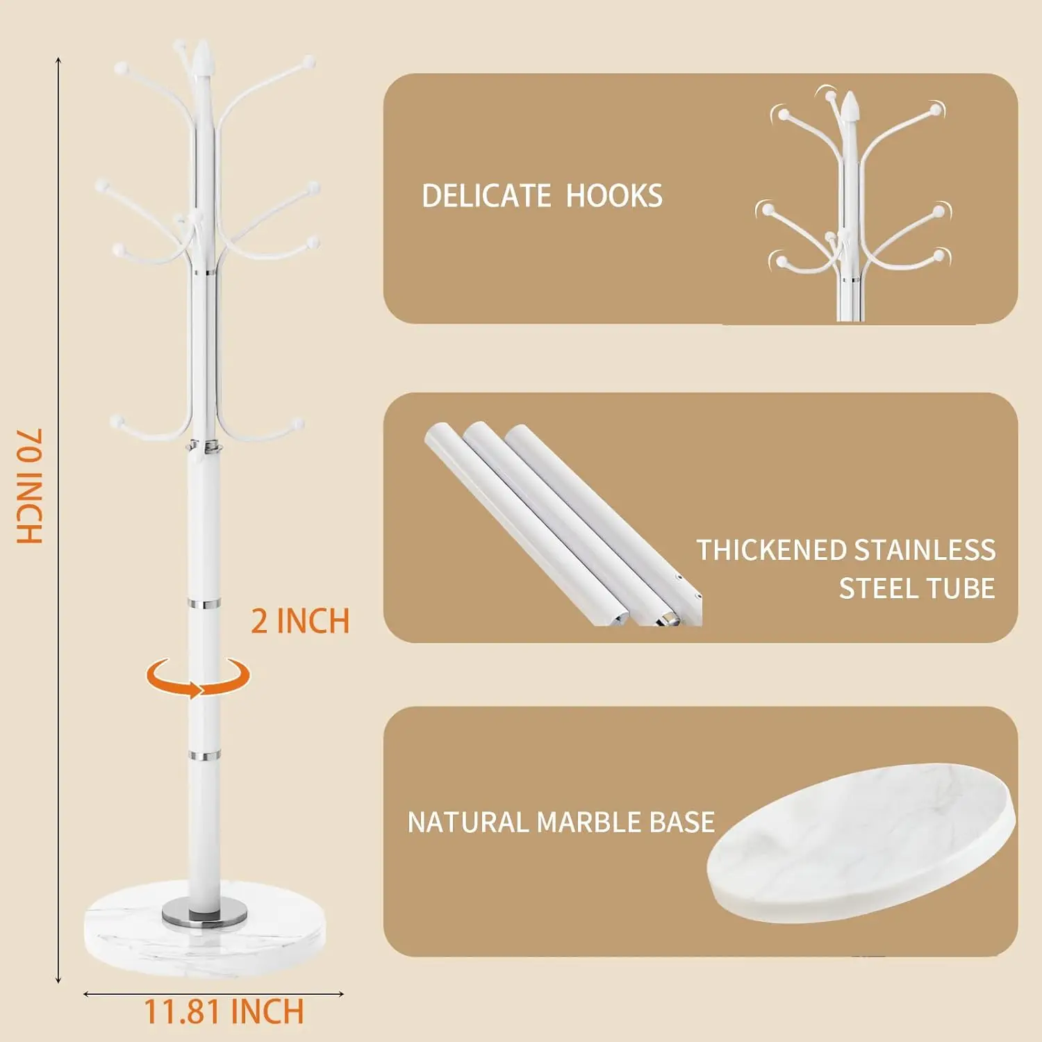 Metal Coat Rack Stand com Base de Mármore Natural, Casaco Branco Racks, Salão Cabide de árvore Stand, Moderno Independente