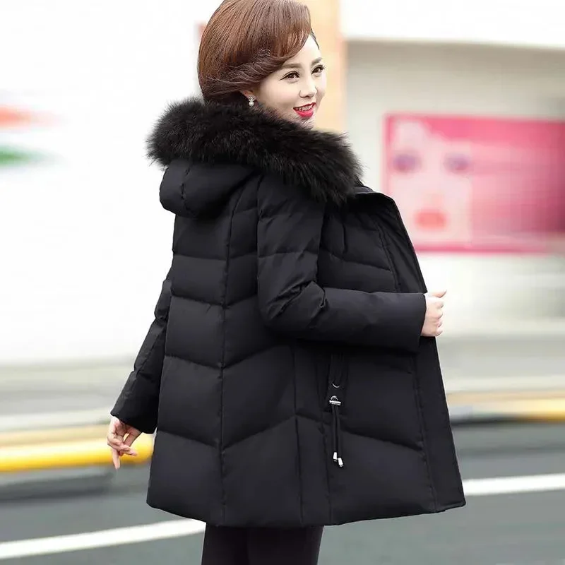 Pop Size 5XL Mother Winter Coat With Fur Collar Elderly Cotton Padded Jacket Women's Thicken Down Padded Jacket Hooded Parka 974