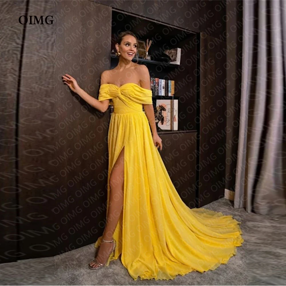 

OIMG Yellow Beach Evening Dressed Off Shoulder Long Simple Prom Dresses Sweetheart Side Slit Chiffon Gowns Club Party Dress