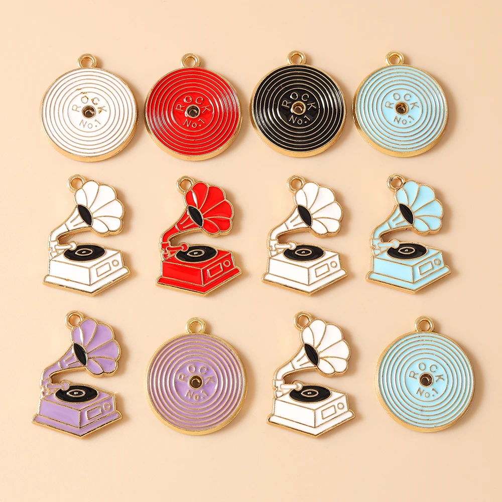 Leslie 10pcs Enamel Tape Record Music Radio Gramophone Charms for Jewelry Making Pendants Necklaces Earrings DIY Handmade Crafts