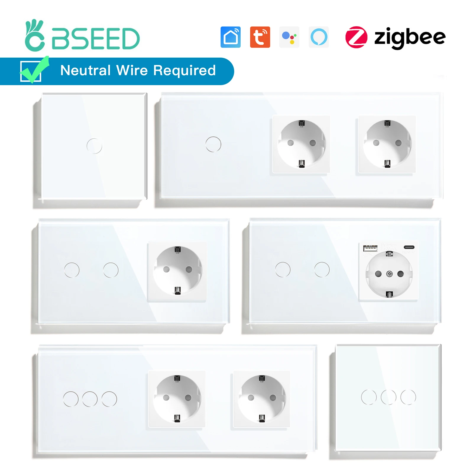 

BSEED Zigbee Smart Touch Switch 1/2/3Gang 1/2/3Way USB Type-C Charge Port Outlets Glass Panel Tuya Smart Life Google Control