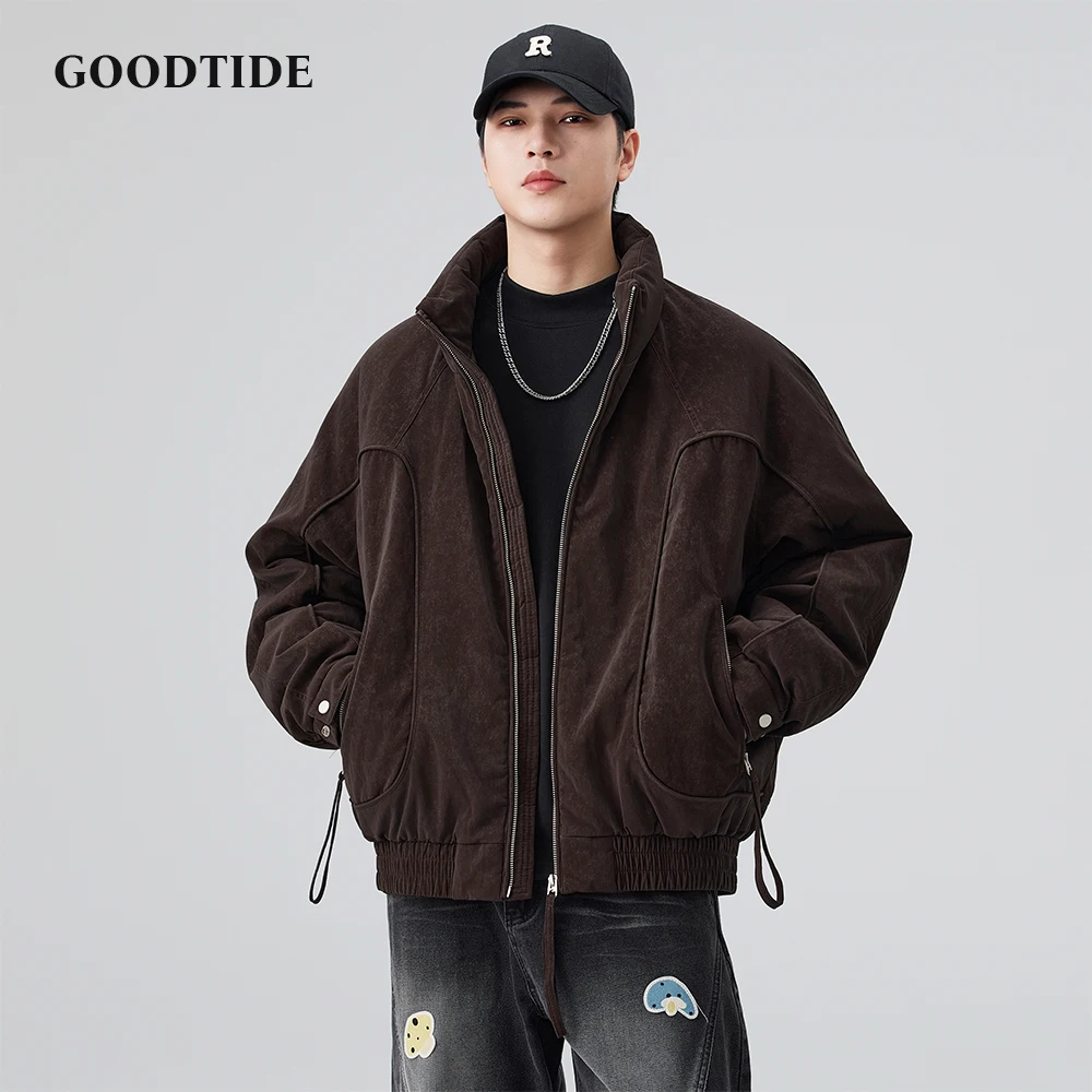 

Fashion Men's Casual Zip Up Corduroy Down Jacket 2025 Winter New Stand Collar Adjustable Drawstrings Loose Fit Men Warm Coat Top