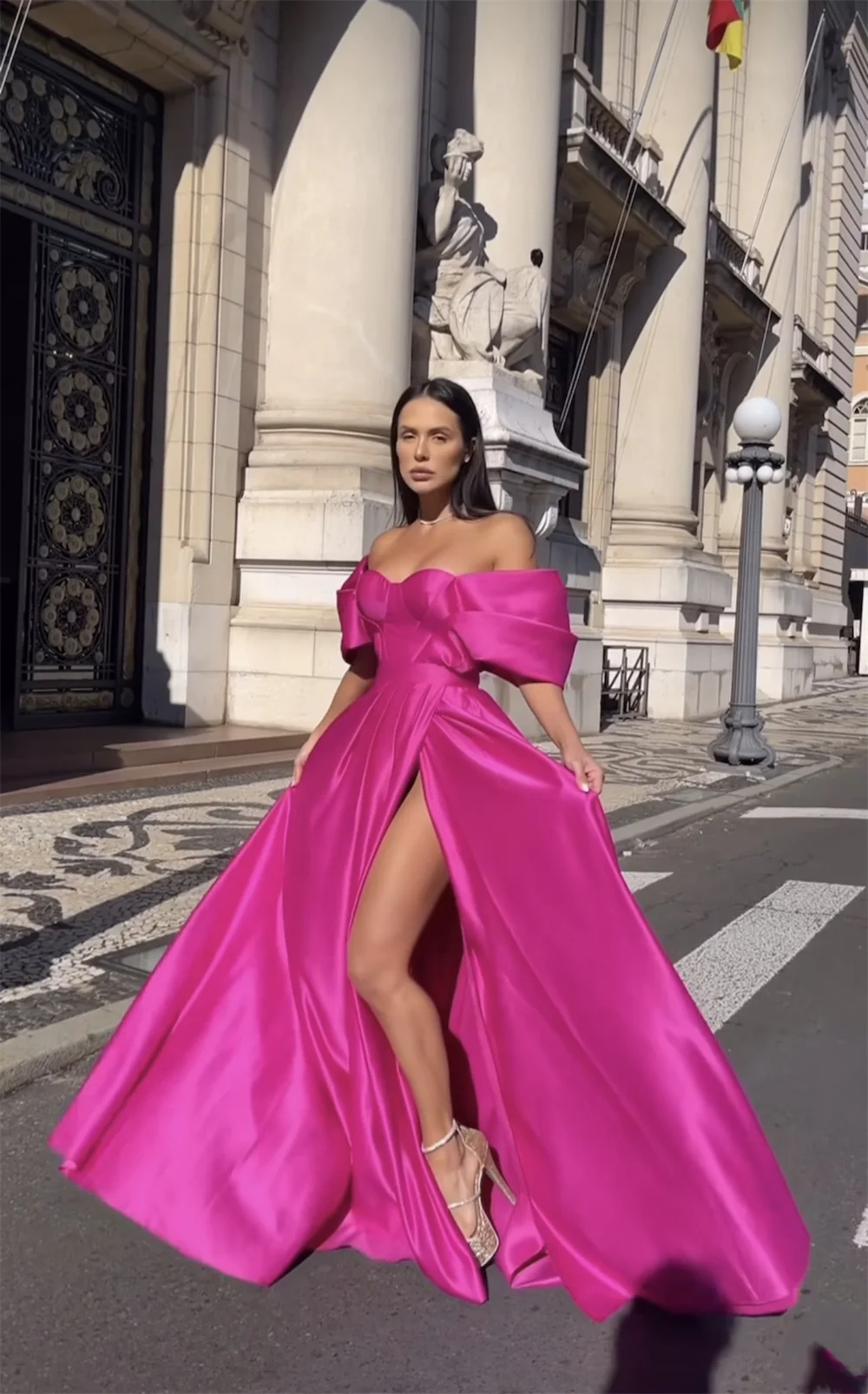 Jessica Hot Pink Prom Dresses Sexy Off-the-shoulder Satin Evening Dress Formal Occasions Elegant Lady Wedding Party Dress