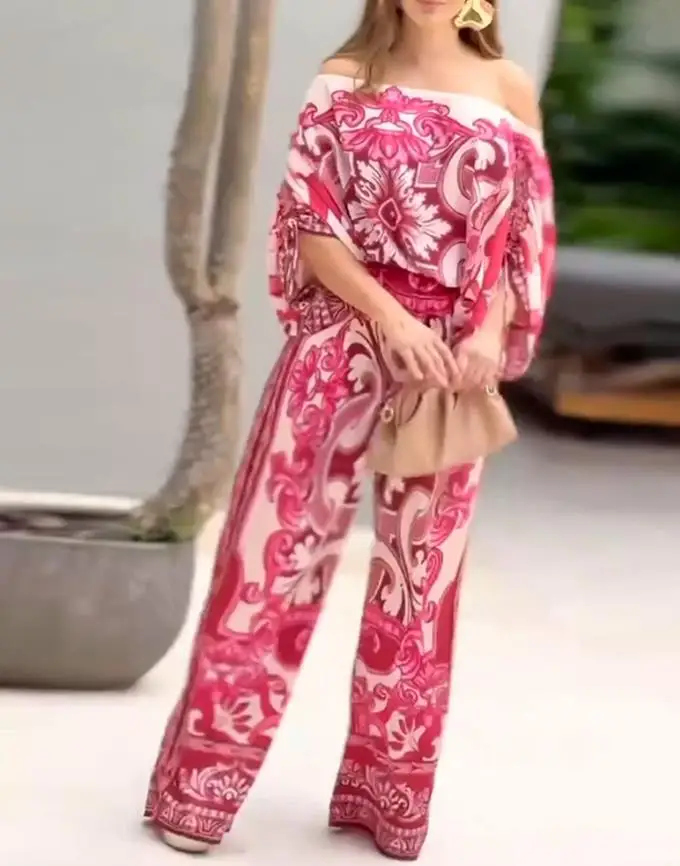 

2 Pieces Outfit Baroque Print Off Shoulder Side Drawstring Loose Top and Casual High Waist Wide Leg Pants Set