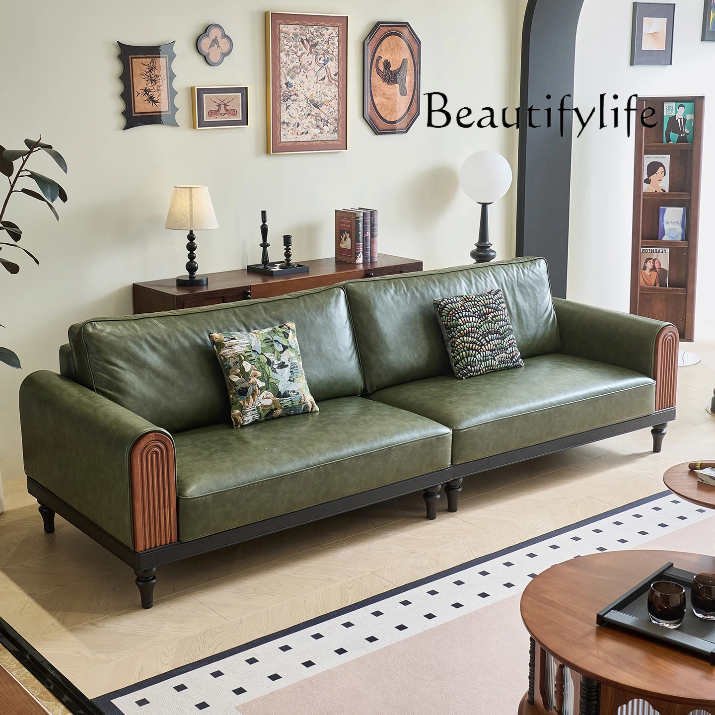 

Sofa living room straight row sofa antique high-end sense simple home fashion designer