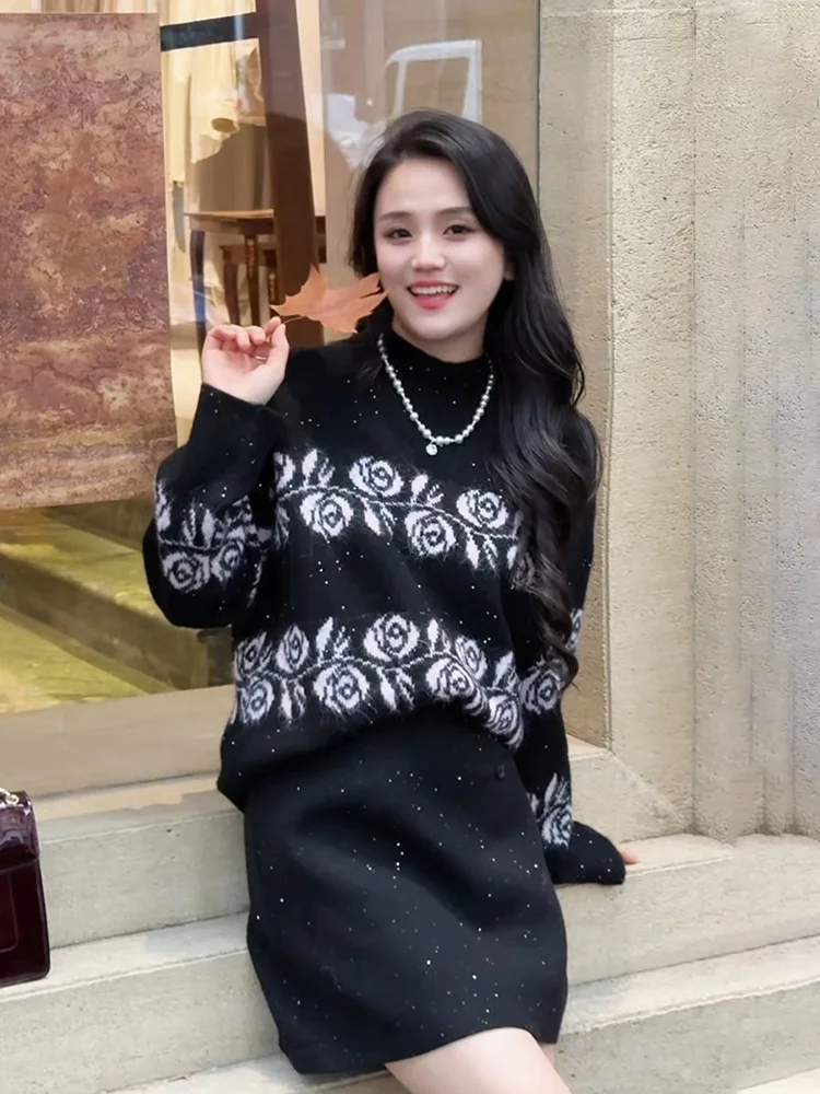 

Romantic Pink Rose Woolen Knitted Loose Sweater Women's Spring Autumn f High Collar Inner Wear Comfortable Soft Long Sve