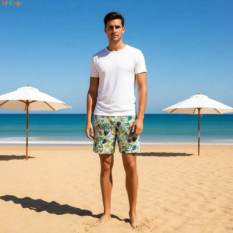

Lightweight Men's Printed Cotton Shorts; Summer Hawaiian/beach/vacation-style Casual Shorts with An Elastic Waistband/Drawstring