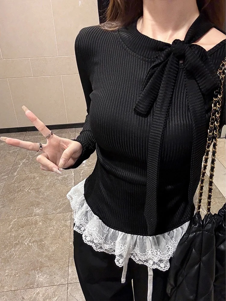 المرأة طويلة Sve Fce Ne معلقة Saes تي شيرت الدانتيل تقليم قاعدة irt ملابس داخلية علوية لخريف شتاء تصميم فتاة حار