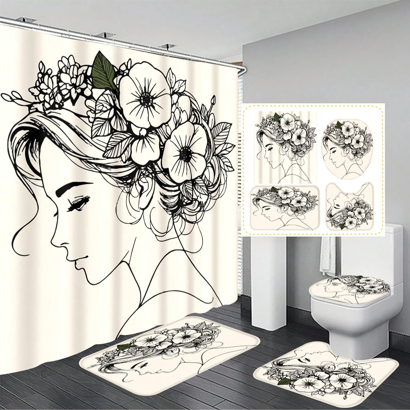 4pcs Minimalist Black Line Charm Ladies Bathroom Set Including Waterproof Shower Curtain Applicable For Full Bathroom Scenes