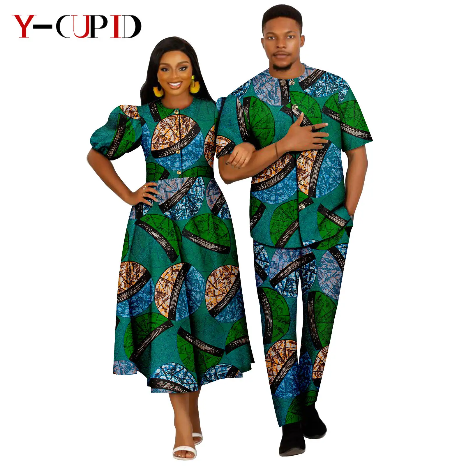 African Print Dresses for Women Matching Couples Clothes Dashiki Men Outfit Bazin Riche Top Shirt and Pant Sets 24C074