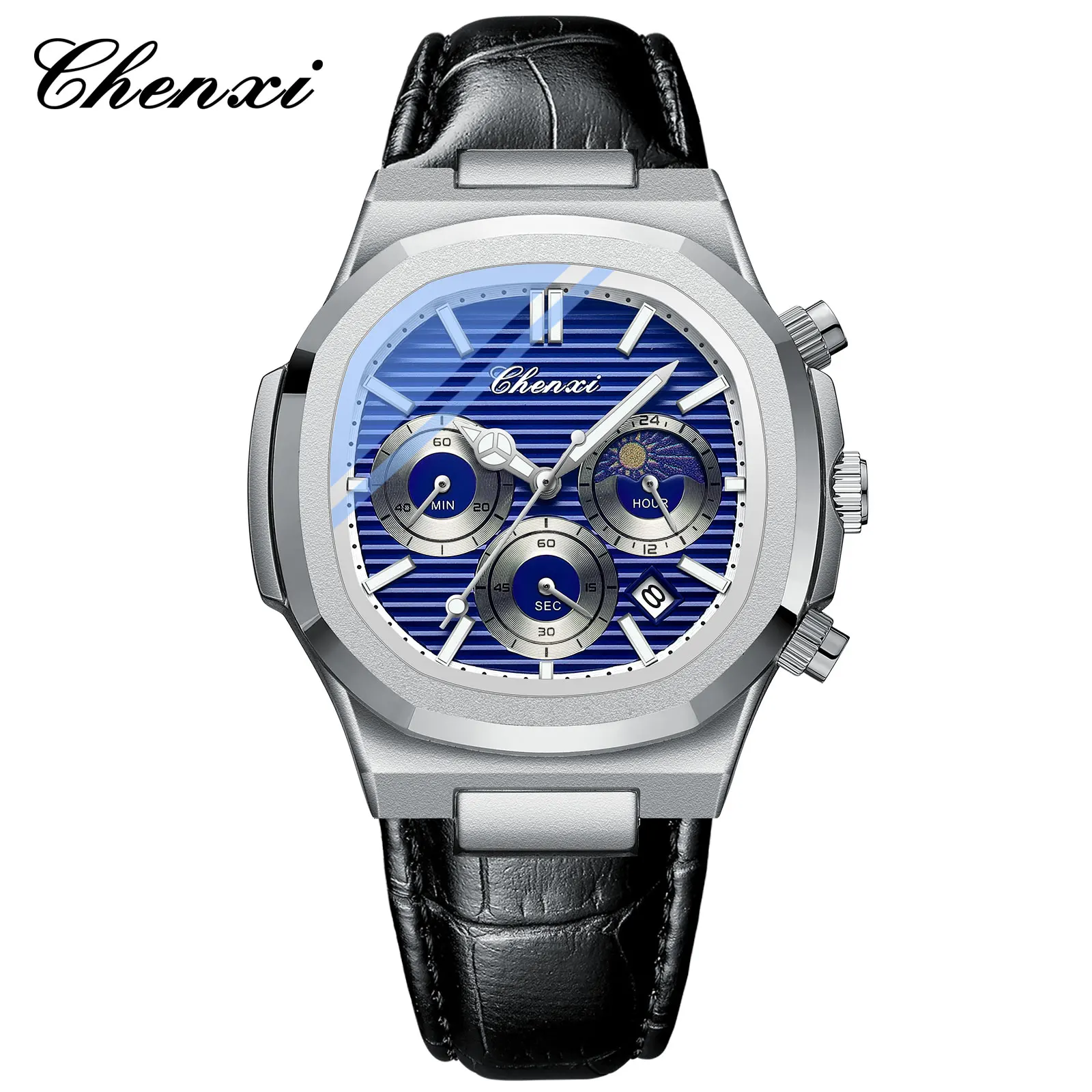 CHENXI Fashion Casual Watches For Men Luminous hands date Chronograph Leather Quartz Man Watch Male Wristwatch Waterproof Clock