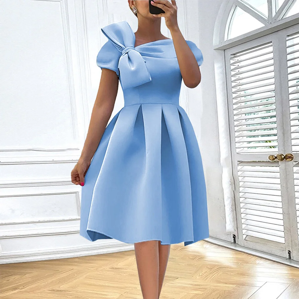 

Luxury Blue Dresses for Women V Neck Short Sleeve Bow Decorate Pleated A Line Mid Calf Elegant Birthday Party Dinner Vestidos