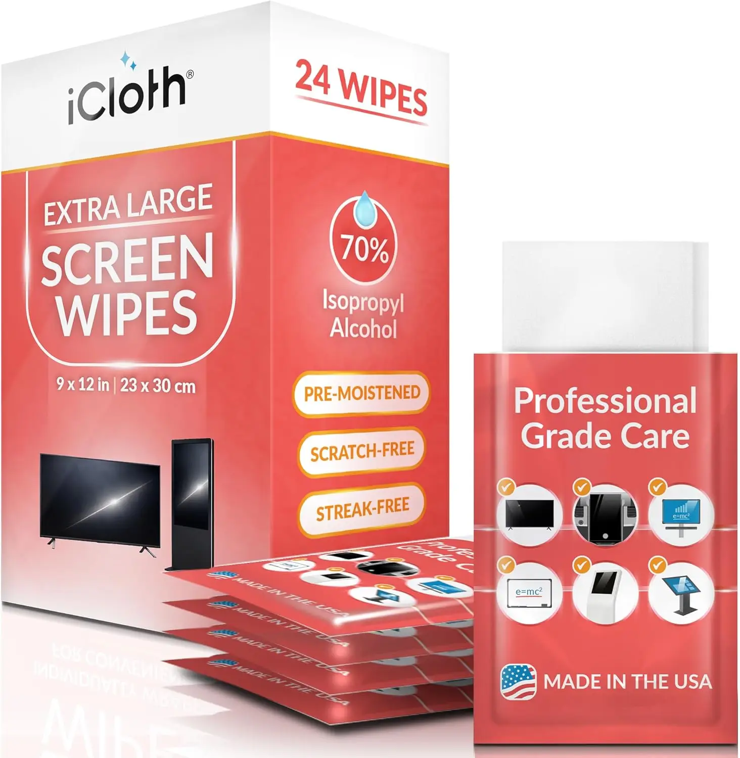 

Салфетки XL для экранов и электроники, 70% изопропиловый спирт, безворсовые, не оставляющие разводов, быстросохнущие, удаляют пыль и отпечатки пальцев (24 салфетки)