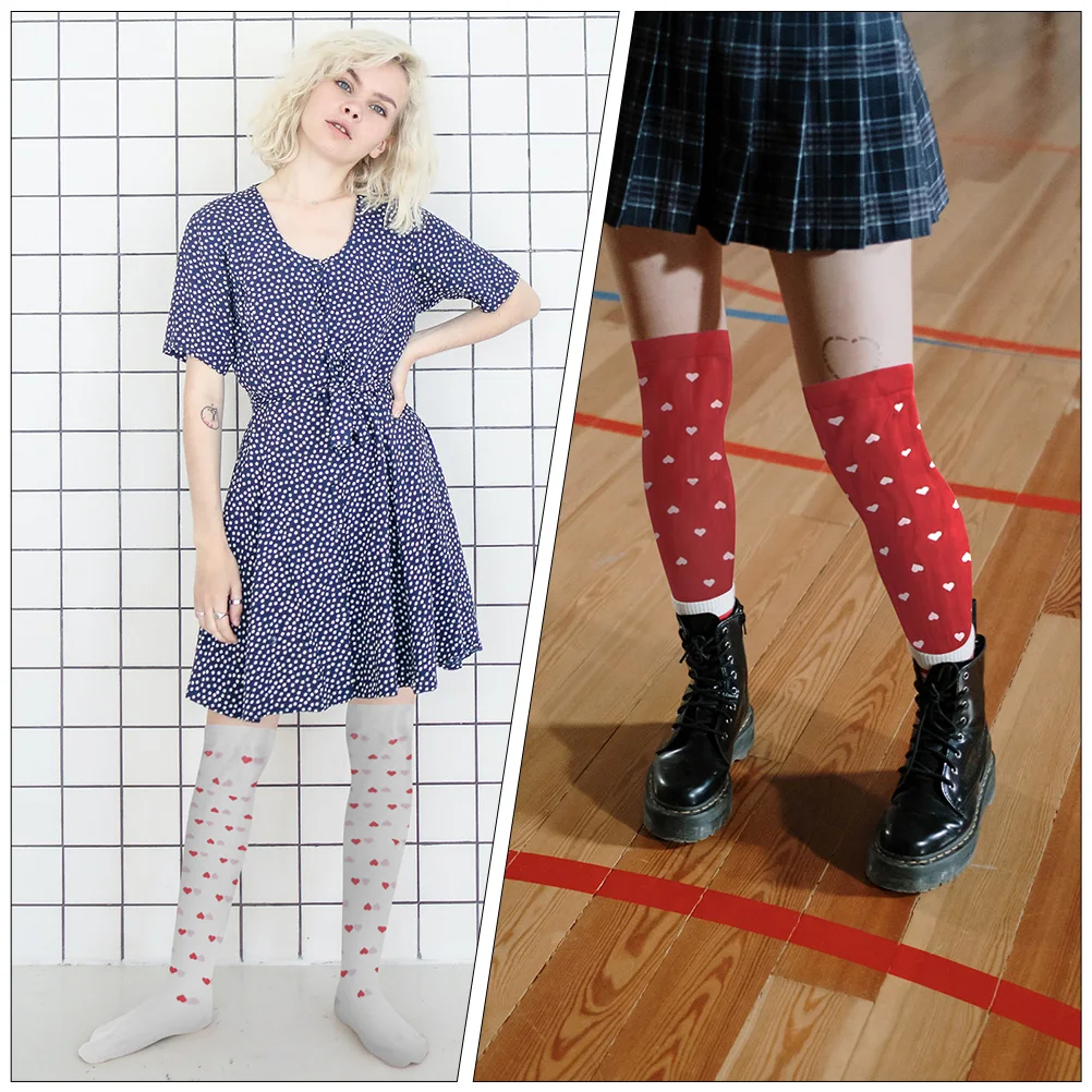 

2 Pairs Heart Pattern Long Socks Women Valentine Stockings Romantic Over Knee White Pink Polyester Leggings Crew