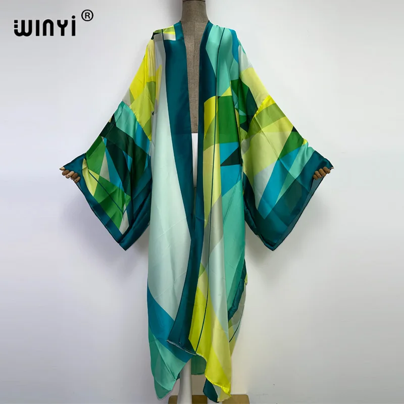 2022 WINYI Summer Beach Wear Swim Suit Cover up boho fashion printing elegant sexy Holiday party long Sleeve Cardigan dress