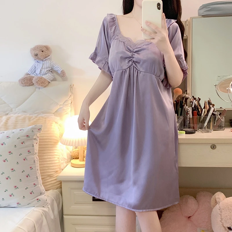 Pajama Women Summer Lace Nightgown with Chest Pad Silk Short Sleeve Loose Large Size Sexy Shirt Nightgown Dress Homewear Women