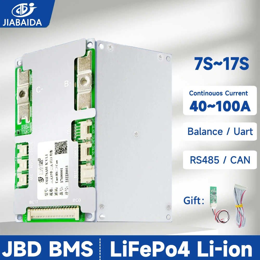 

JIABAIDA Smart BMS with Bluetooth APP RS485 7S 8S 24V LiFePo4 10S 13S 14S 16S 48V 17S Li-ion 40A 60A 80A 100A Discharge JBD BMS
