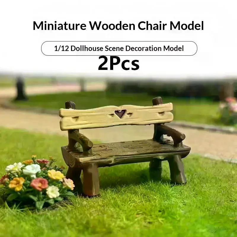 2Pcs 1/12 Miniature Bench Dollhouse Furniture Mini Park Chair Fairy Garden Ornament Micro Landscape Decor DIY Craft Accessories