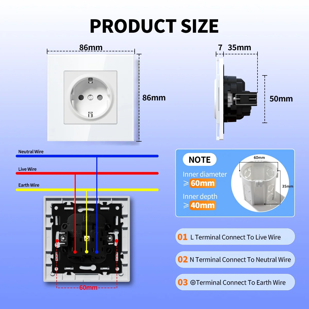 BSEED 16A EU Socket E Series 86mm Double Power Outlets Triple Electric Sockets Crystal Glass Wall Socket White 1/3/5/10 Pack view 2