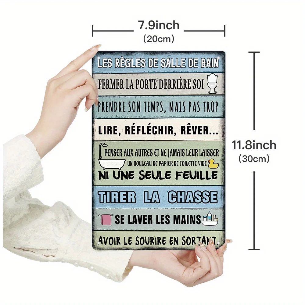 Vintage French Bathroom Rules Metal Tin Sign - Wall Decor for Home & Farmhouse, Durable Hanging Plaque, Multifunctional, Retro
