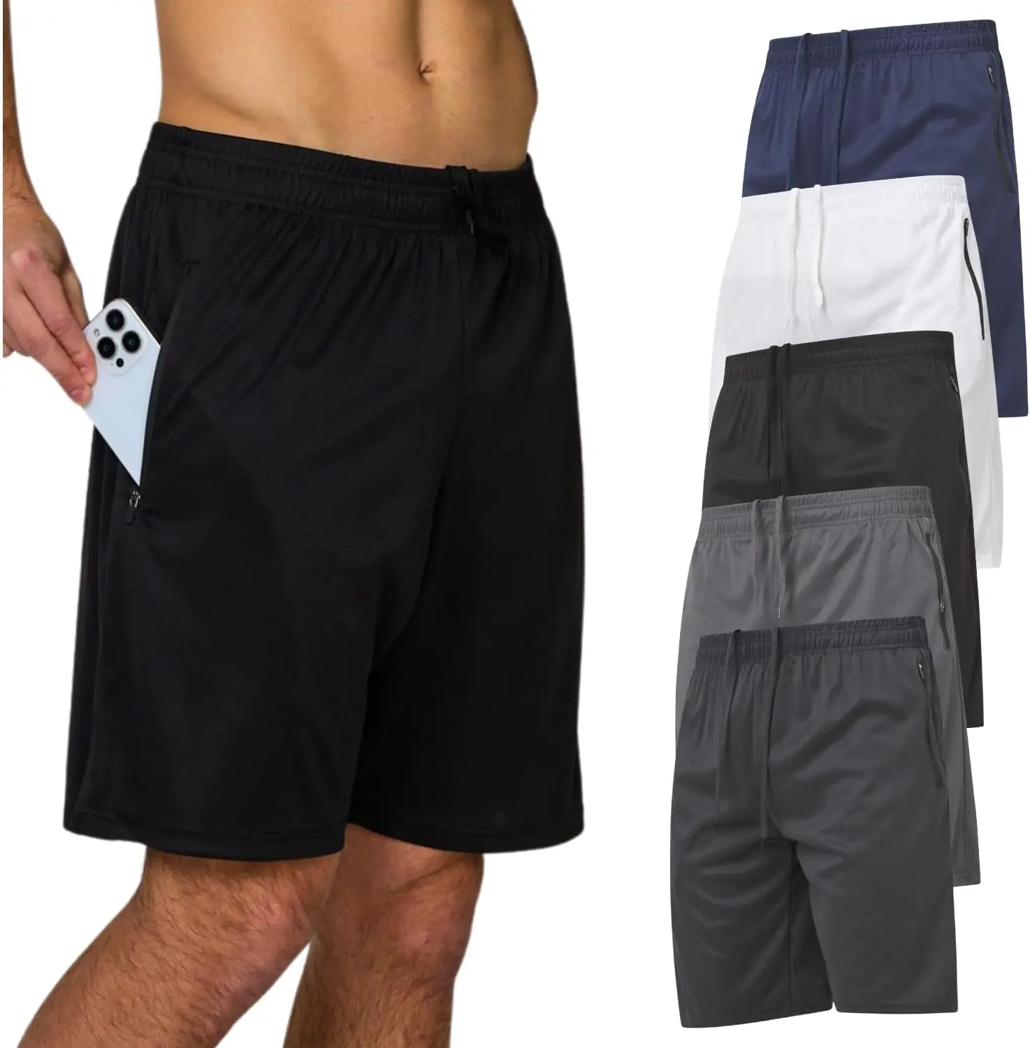 Mens 5 Pack Athletic Running Shorts, Loose fit Basketball Gym Workout Shorts for Men with Zippered Pockets
