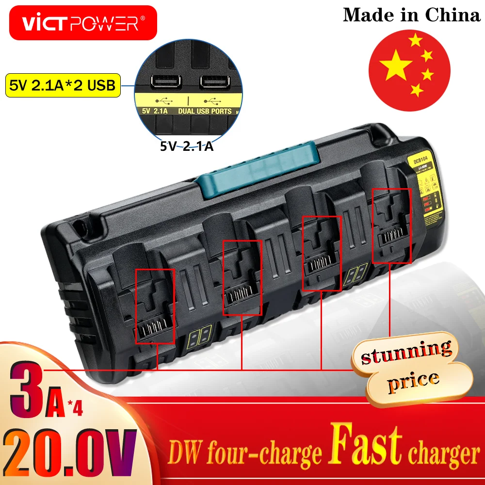 

DCB104 Charger Rapid Optimum 4 Port 12A Chargin Current For Dewalt 10.8V 14.4V 18V 20V Flex Volt Lithium Battery DCB112 DCB115